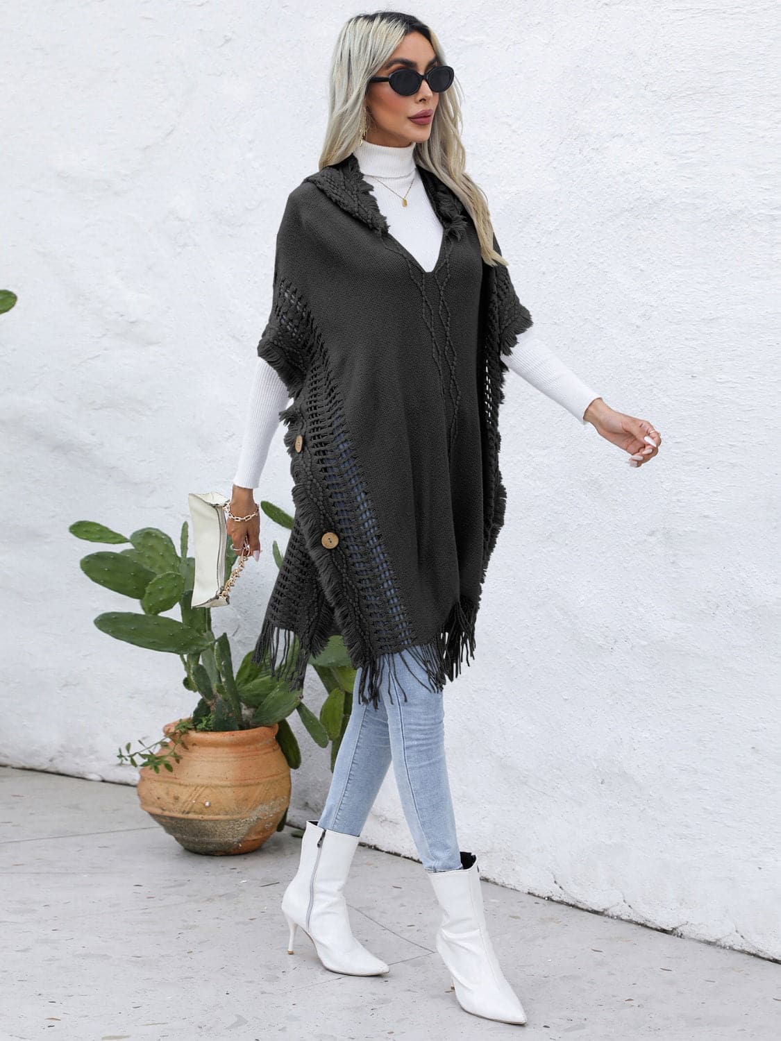 Fringe Trim Buttoned Hooded Poncho.