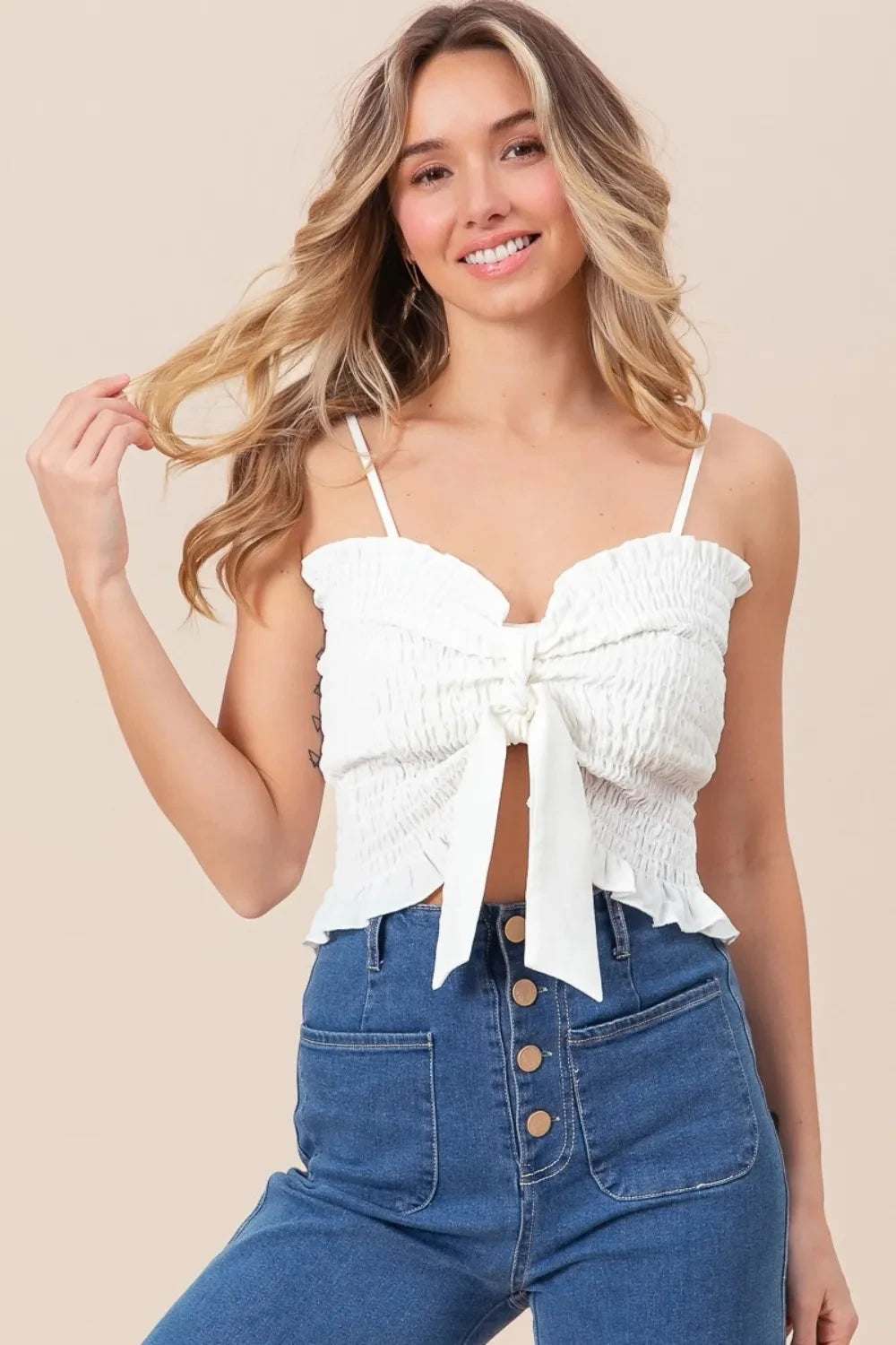 BiBi Ruffled Smocked Ribbon Detail Cami Coco’s Tee Boutique