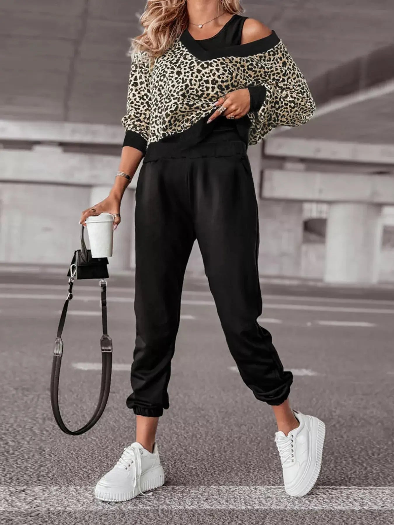 Leopard Print Sweatshirt and Jogger Set Simply Love