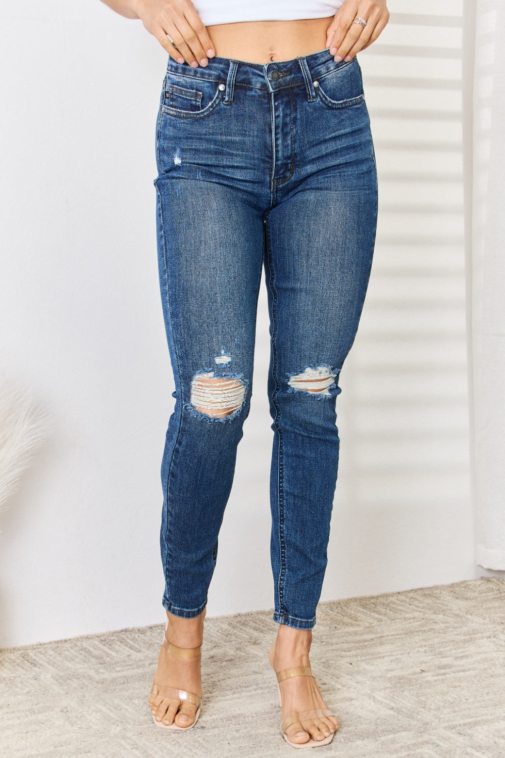 Judy Blue Full Size Mid Waist Distressed Slim Jeans Coco’s Tee Boutique