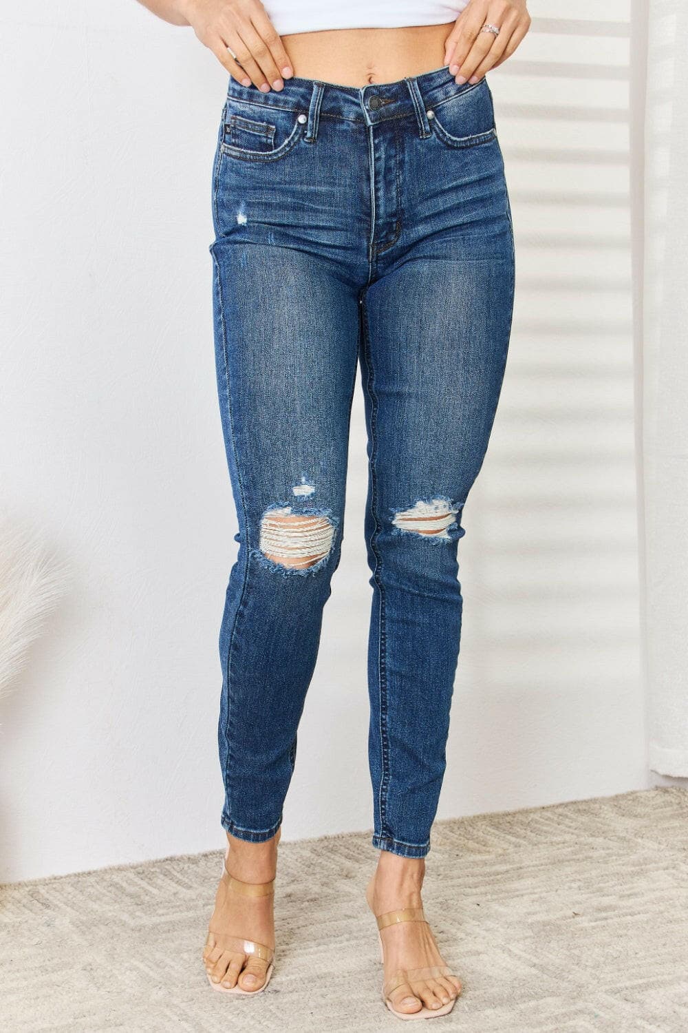 Judy Blue Full Size Mid Waist Distressed Slim Jeans.