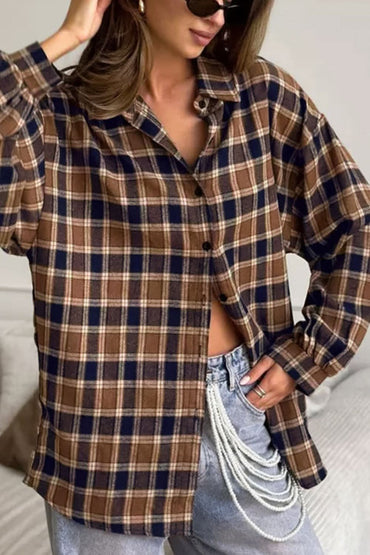 Plaid Oversized Button-Up Shacket with Drop Shoulders