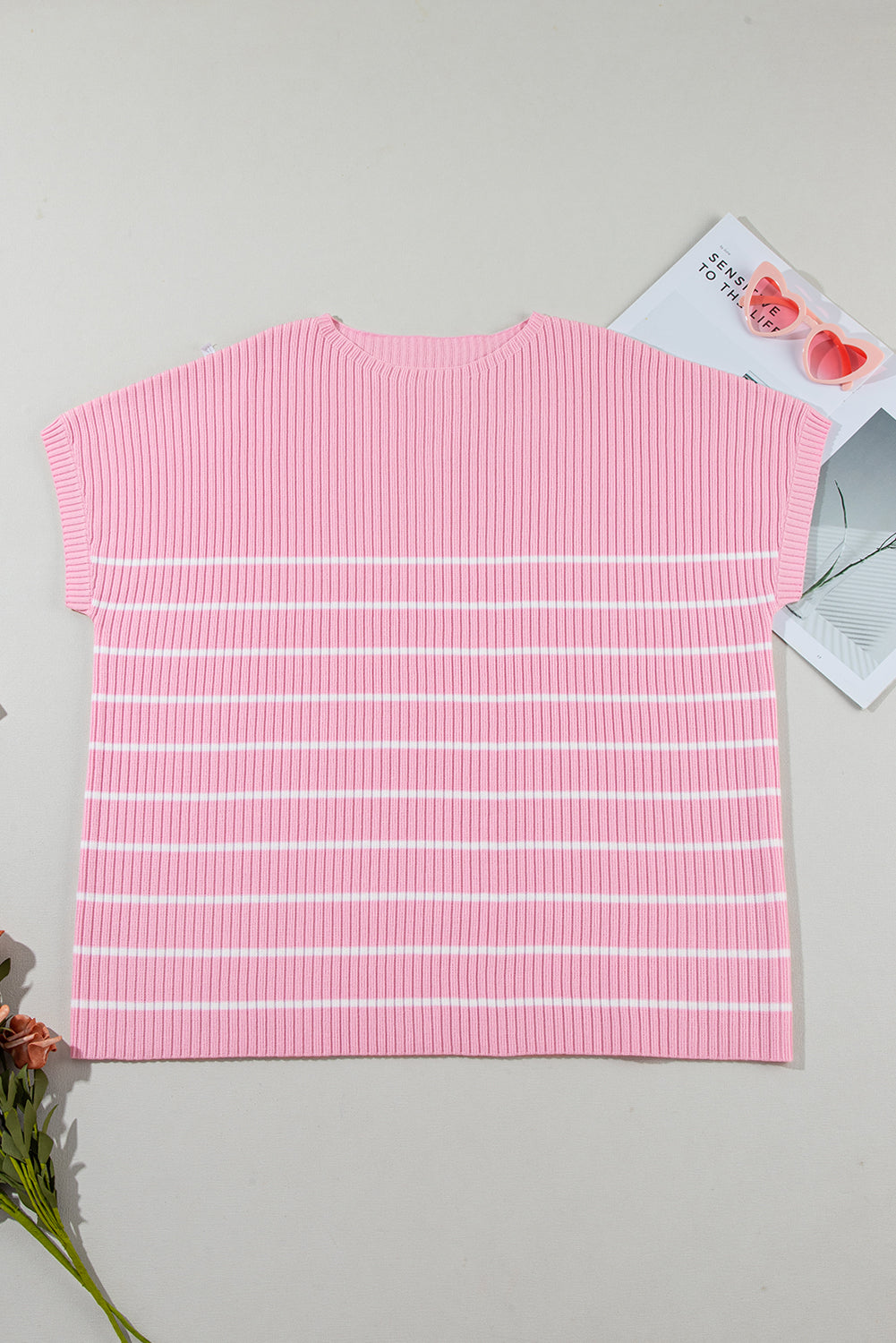 Chic pink striped ribbed plus-size tee for ultimate comfort