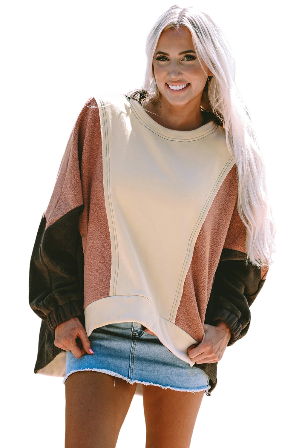 Beige Oversized Color Block Patchwork High Low Hoodie