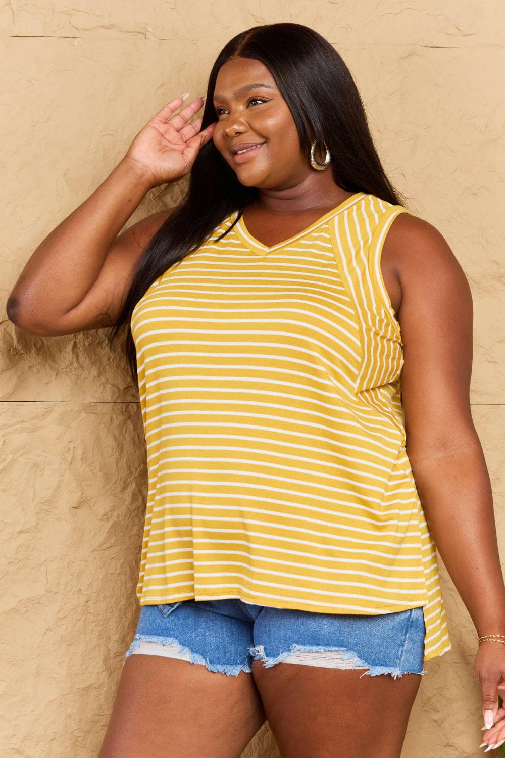 Doublju Talk To Me Full Size Striped Sleeveless V-Neck TopElevate Your Style with the Doublju Talk To Me Top
 Discover the perfect blend of comfort and chic fashion with the Doublju Talk To Me Full Size Striped Sleeveless VLove Salve Full Size Striped SleevelessTIKTOK