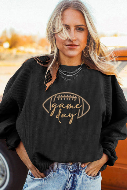 Premium Black Rugby Game Day Embroidered Corduroy Sweatshirt