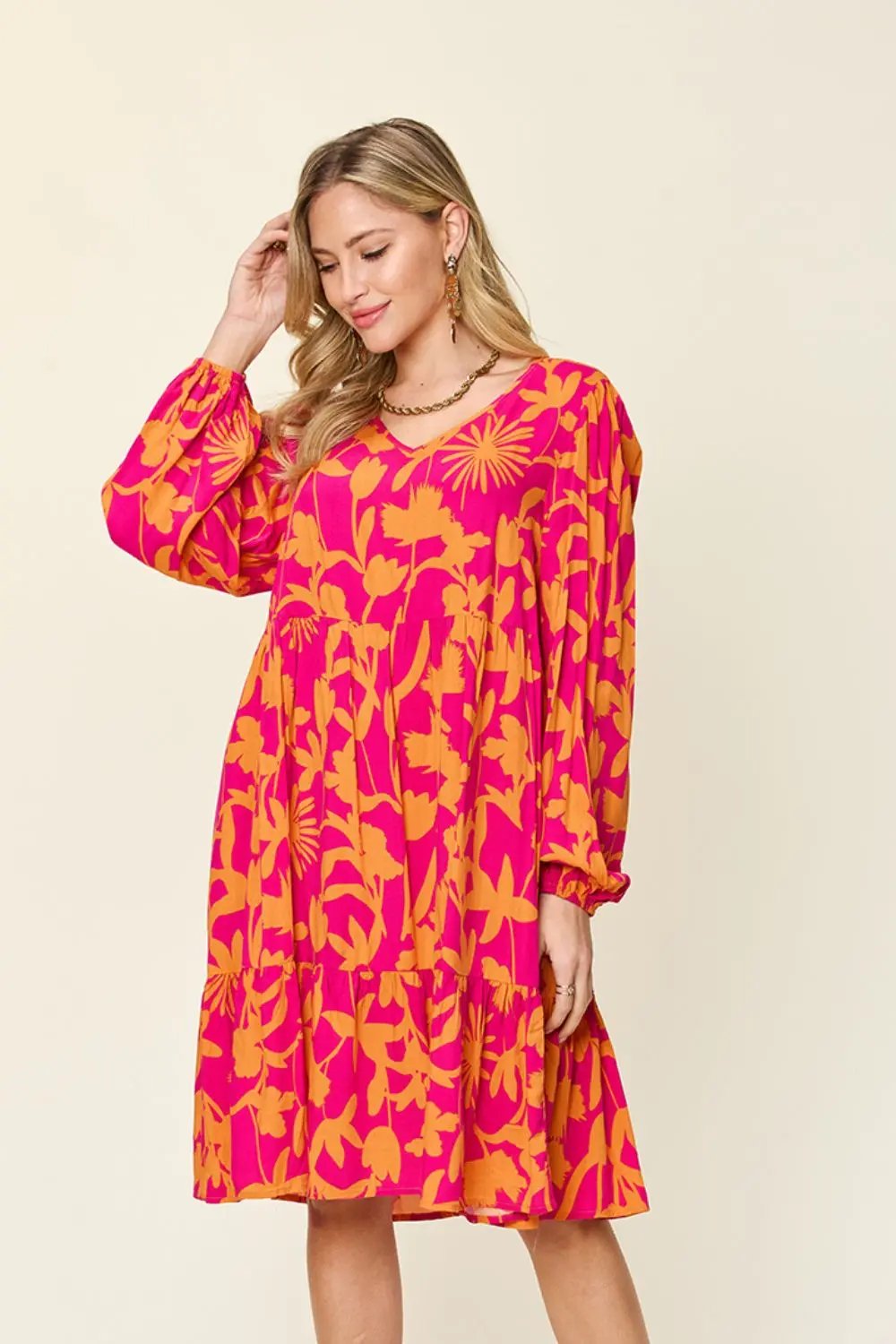 Double Take Full Size Printed Ruffle Hem Long Sleeve Dress - Love Salve