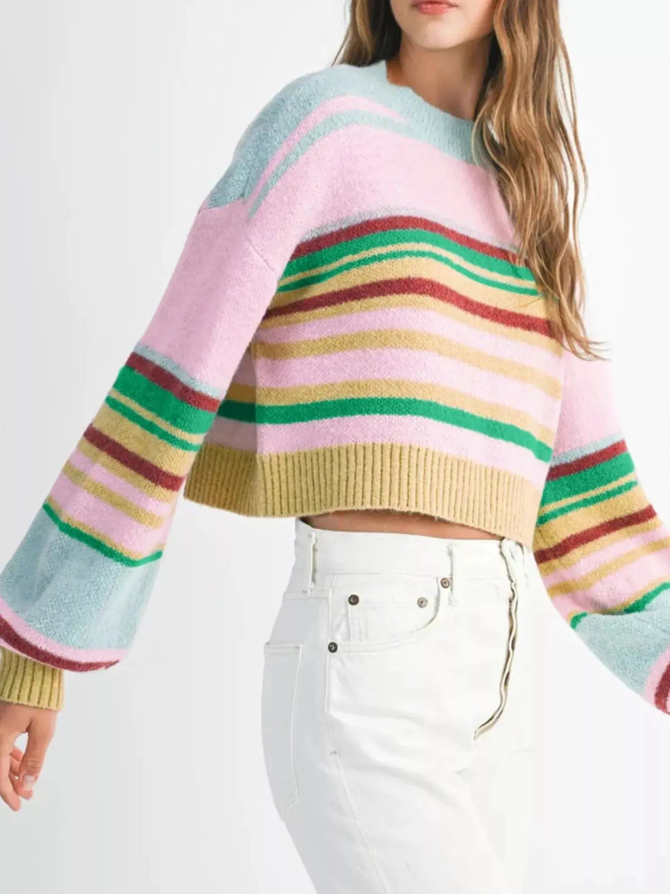 Multicolour Striped Boxy Fit Cropped Knit Sweater With Ribbed Trim Simply Love