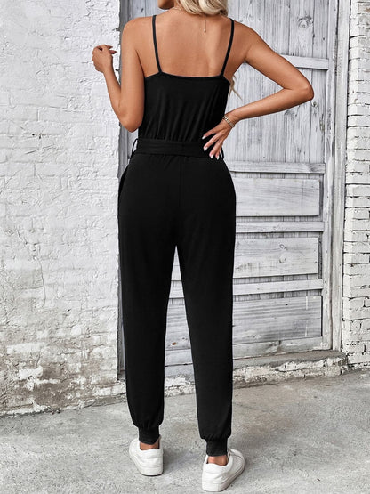 Scoop Neck Tie Waist Jumpsuit.