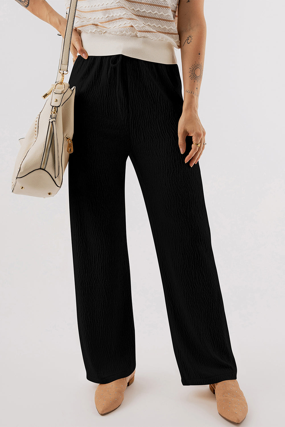 Chic black textured drawstring lounge pants