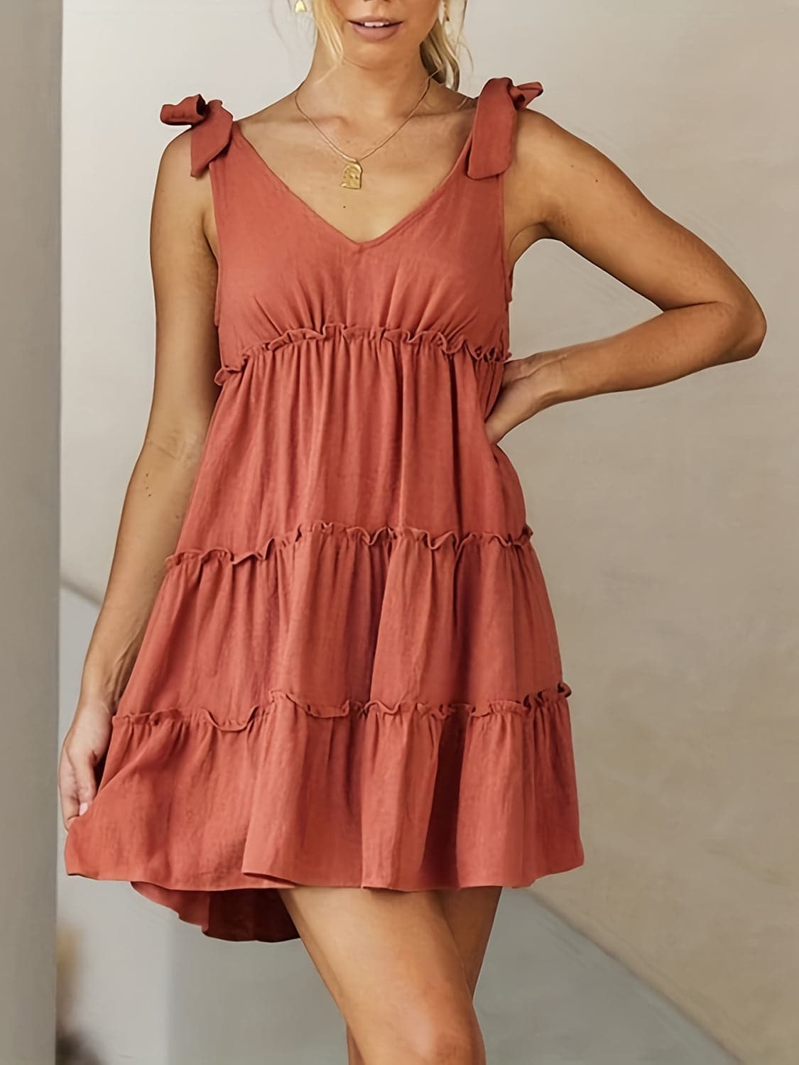 Full Size Frill V-Neck Tie Shoulder Mini Dress.