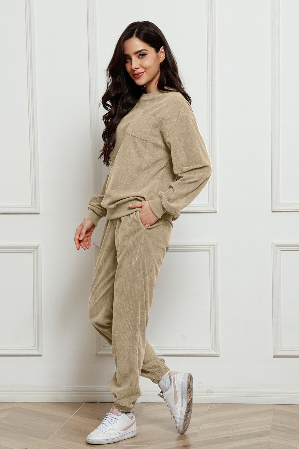 Corduroy Round Neck Sweatshirt and Sweatpants Set.