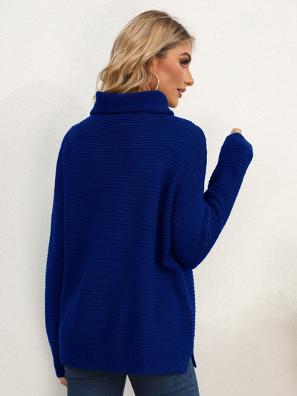 Slit Turtleneck Dropped Shoulder Sweater.