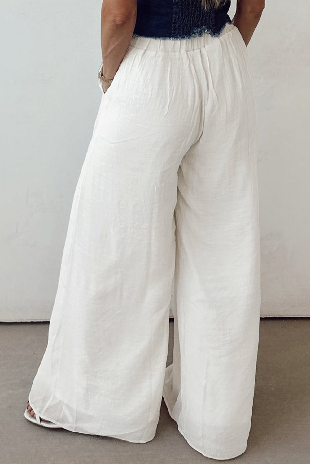 White Solid Drop Waist Pleated Wide Leg Casual Pants Love Salve