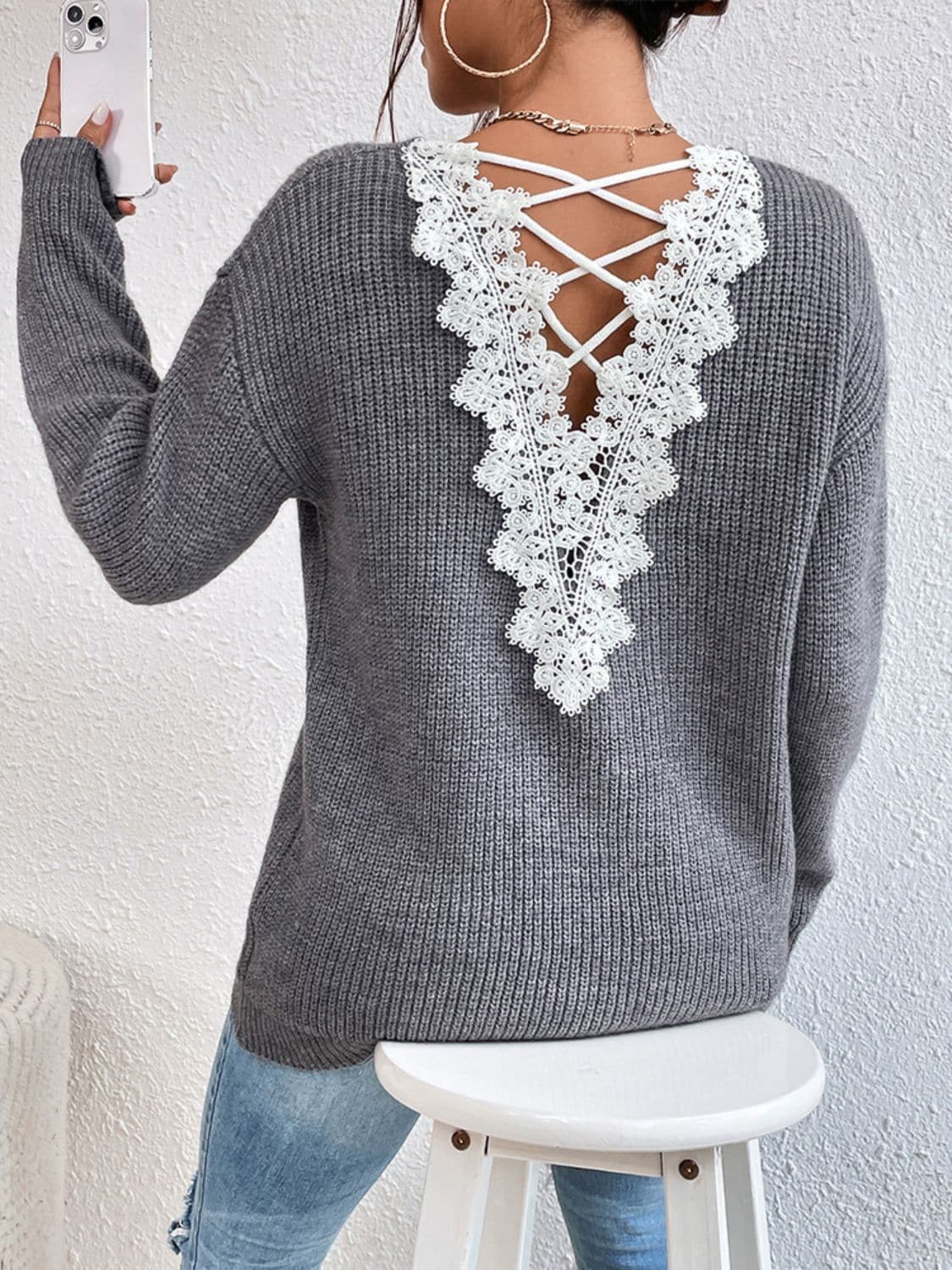 Lace detailed crisscross v-neck sweater with long sleeves