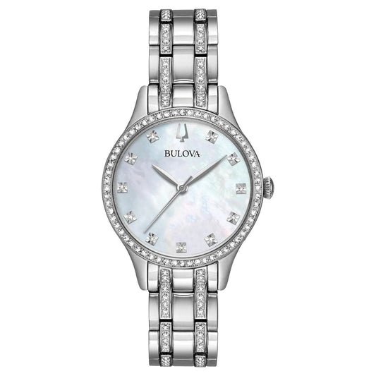 Bids.com Bulova Women's Elegant watch, showcasing a polished silver-tone case and a refined white dial, ideal for sophisticat