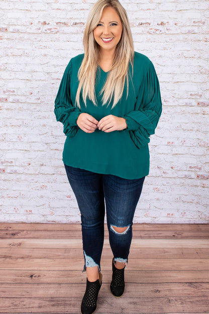 Chic green pleated bubble sleeve blouse for plus sizes