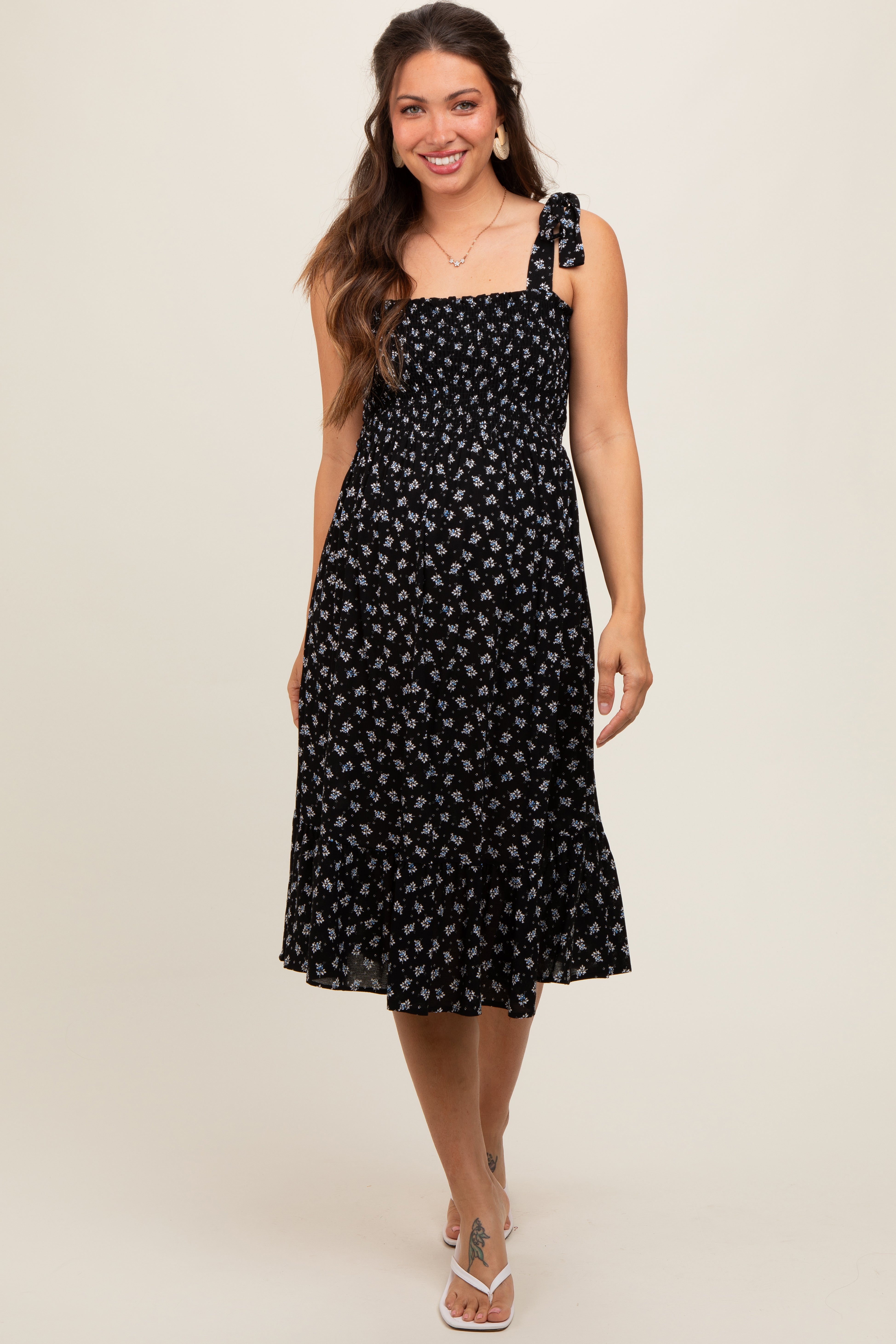 Black Floral Sleeveless Knotted Strap Maternity Dress PinkBlush