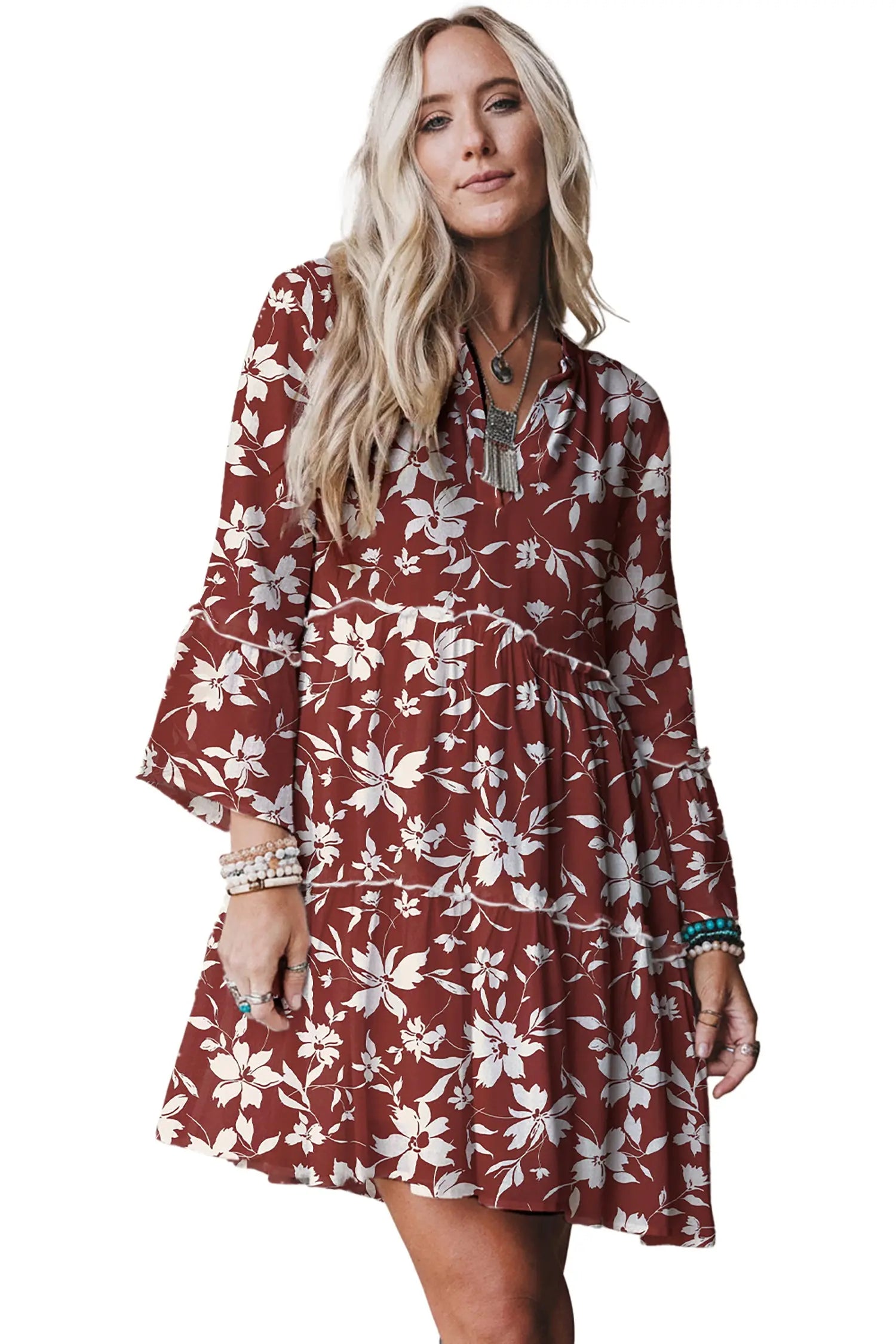 Red Boho Floral Print Lettuce Trim Mini Dress With Three Quarter Sleeves Dear-Lover Dropshipping