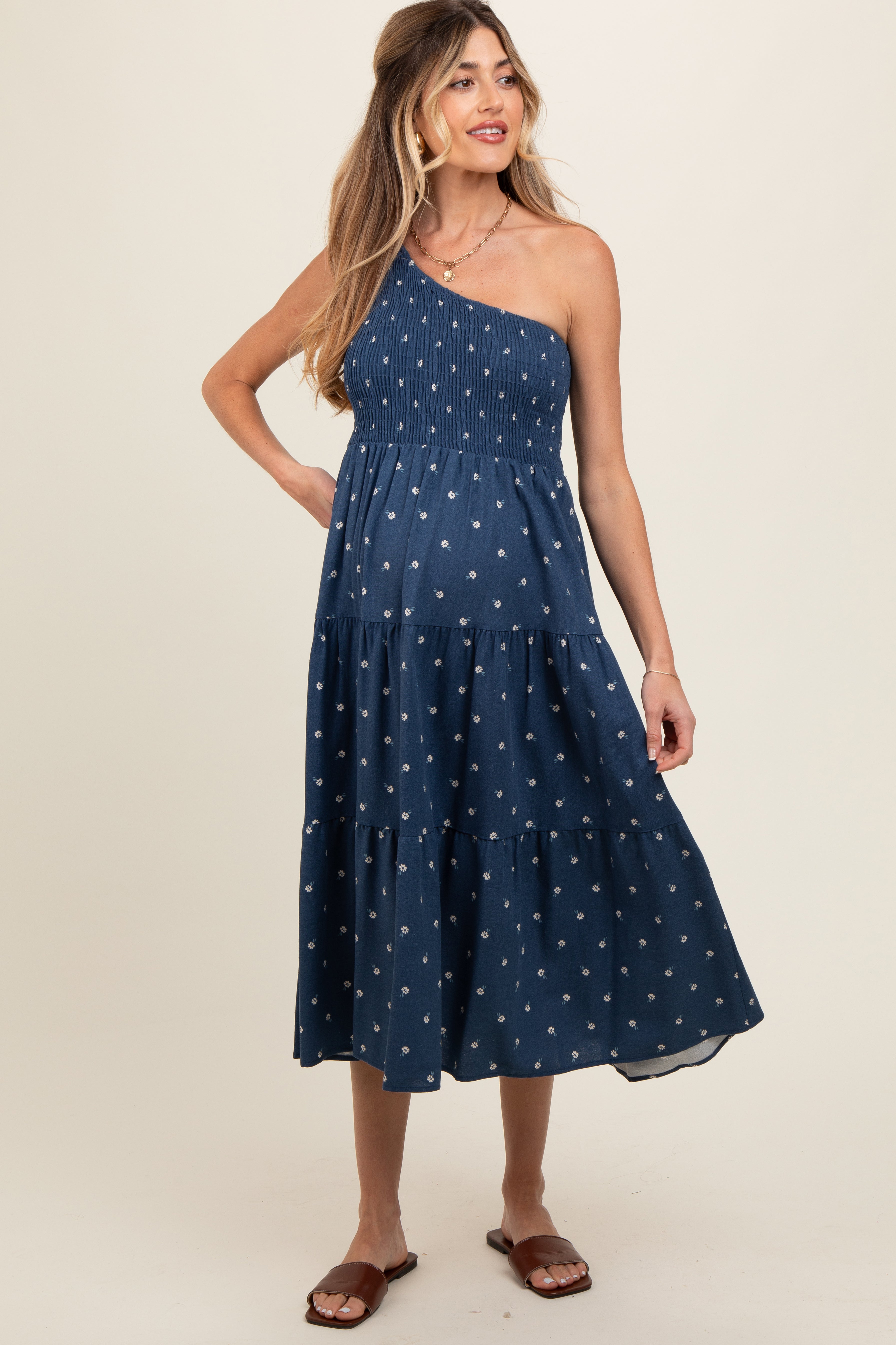 Navy Blue Floral Linen Smocked One Shoulder Tiered Maternity Midi Dress PinkBlush