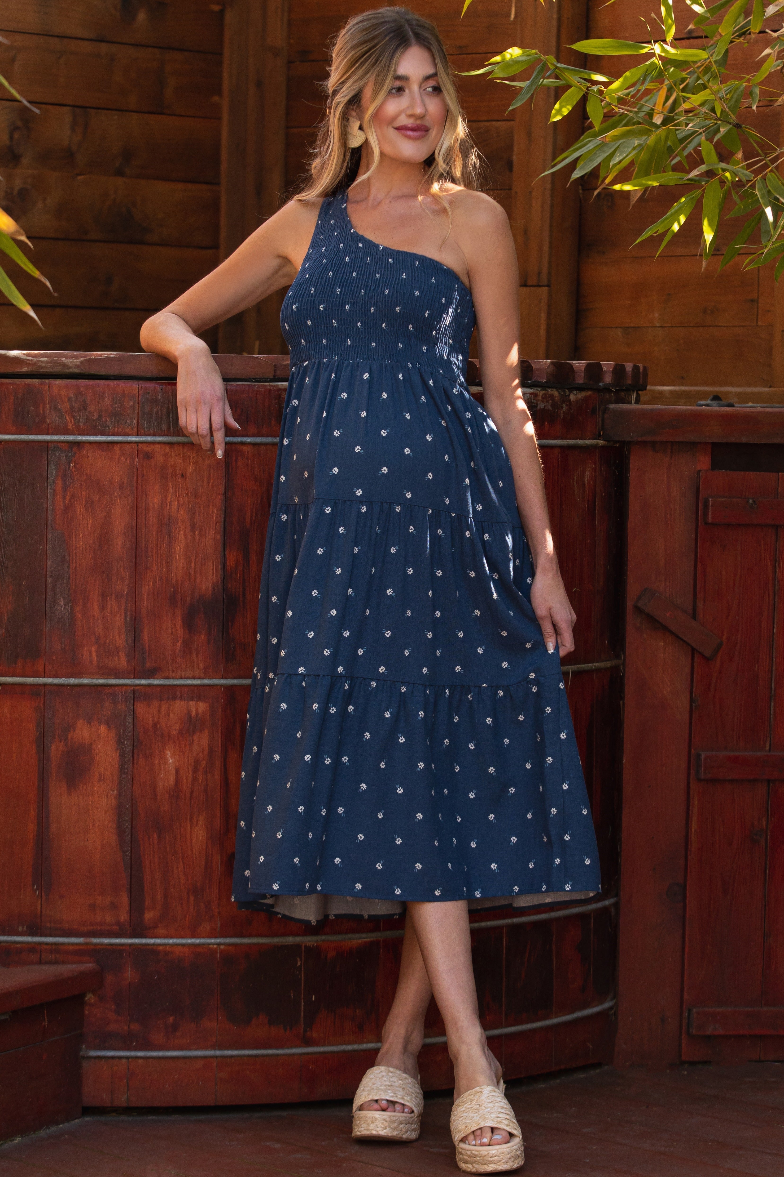 Navy Blue Floral Linen Smocked One Shoulder Tiered Maternity Midi Dress PinkBlush