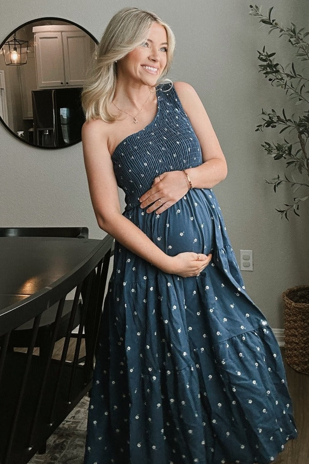Navy Blue Floral Linen Smocked One Shoulder Tiered Maternity Midi Dress PinkBlush