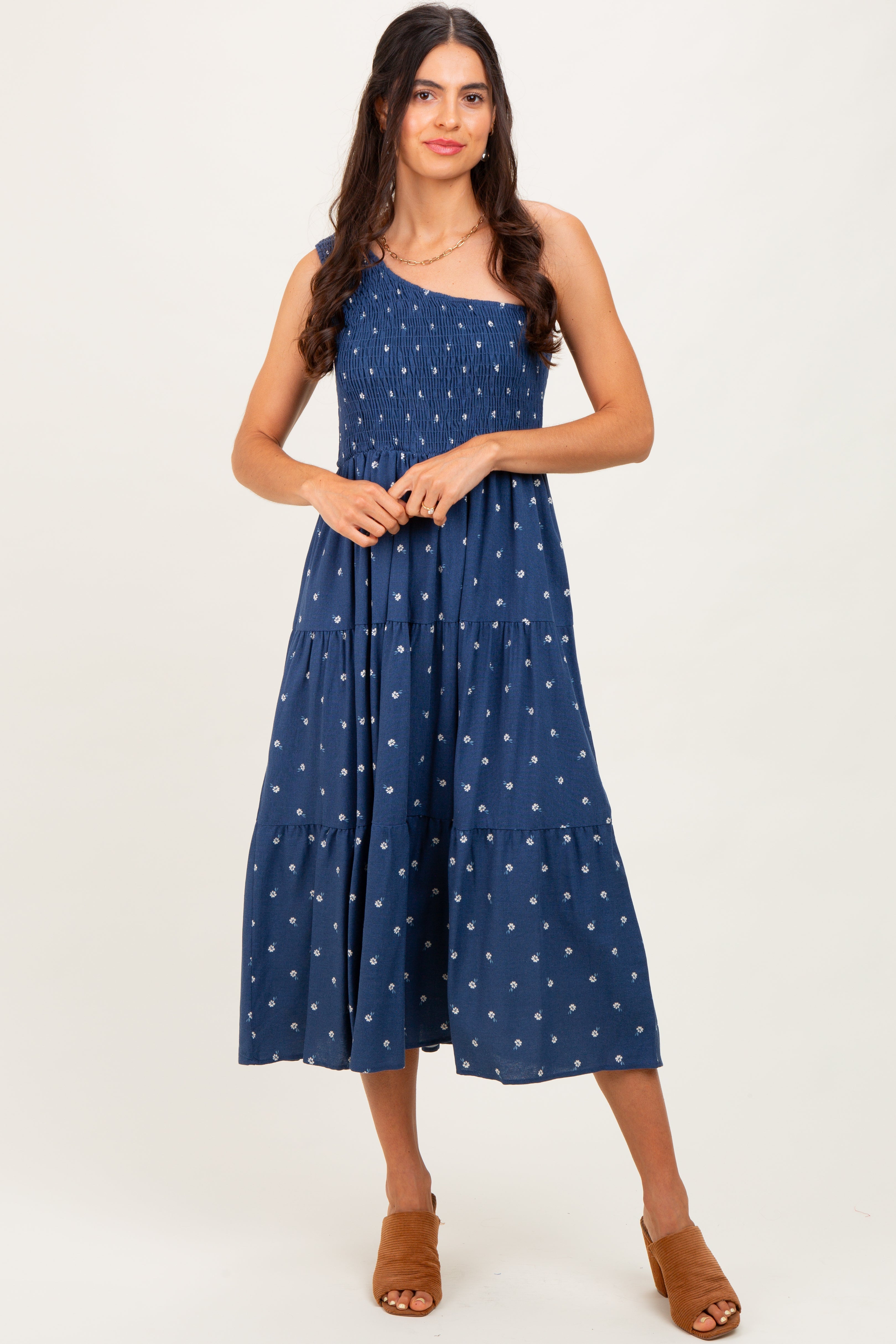 Navy Blue Floral Linen Smocked One Shoulder Tiered Maternity Midi Dress PinkBlush