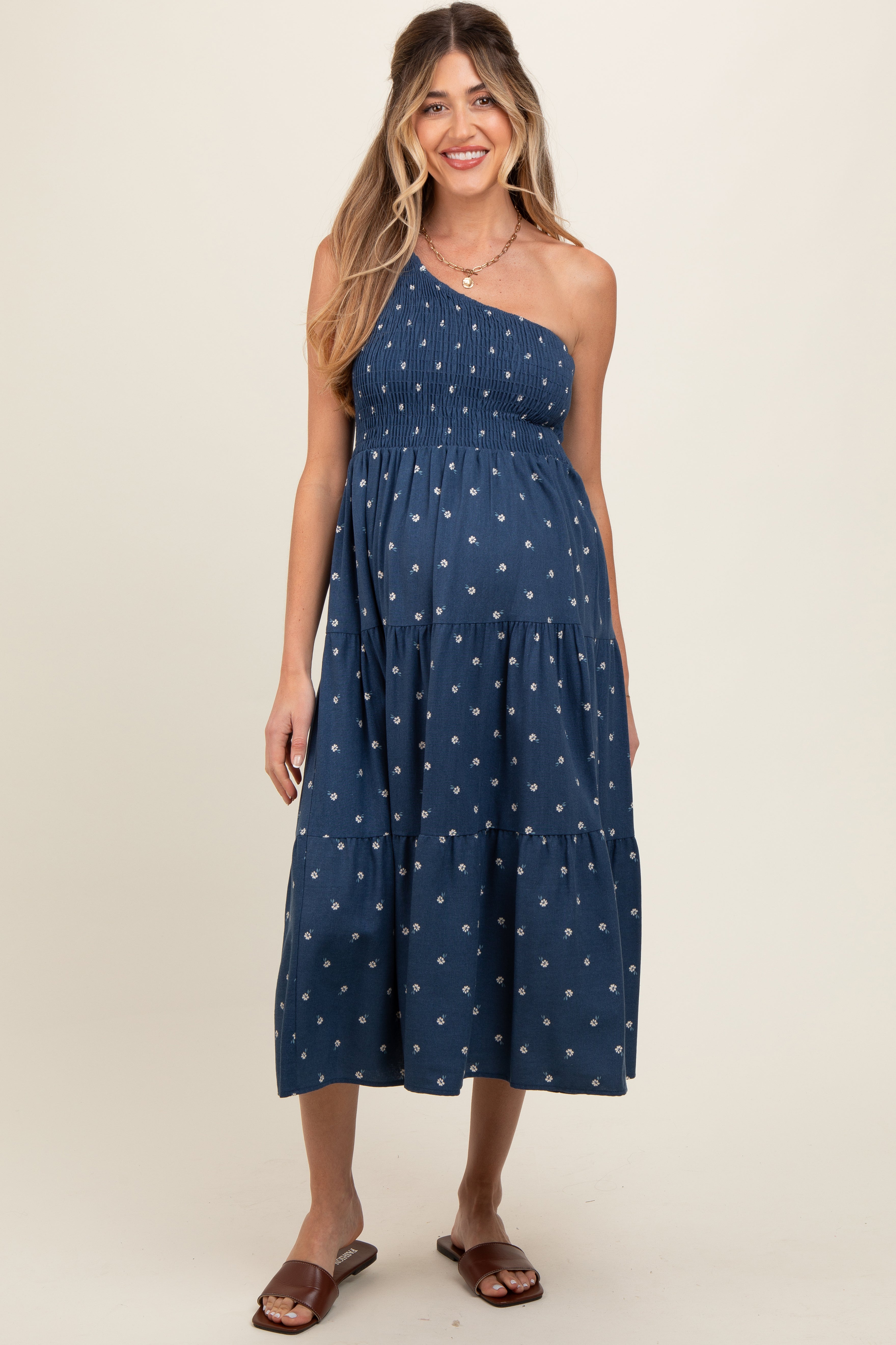 Navy Blue Floral Linen Smocked One Shoulder Tiered Maternity Midi Dress PinkBlush