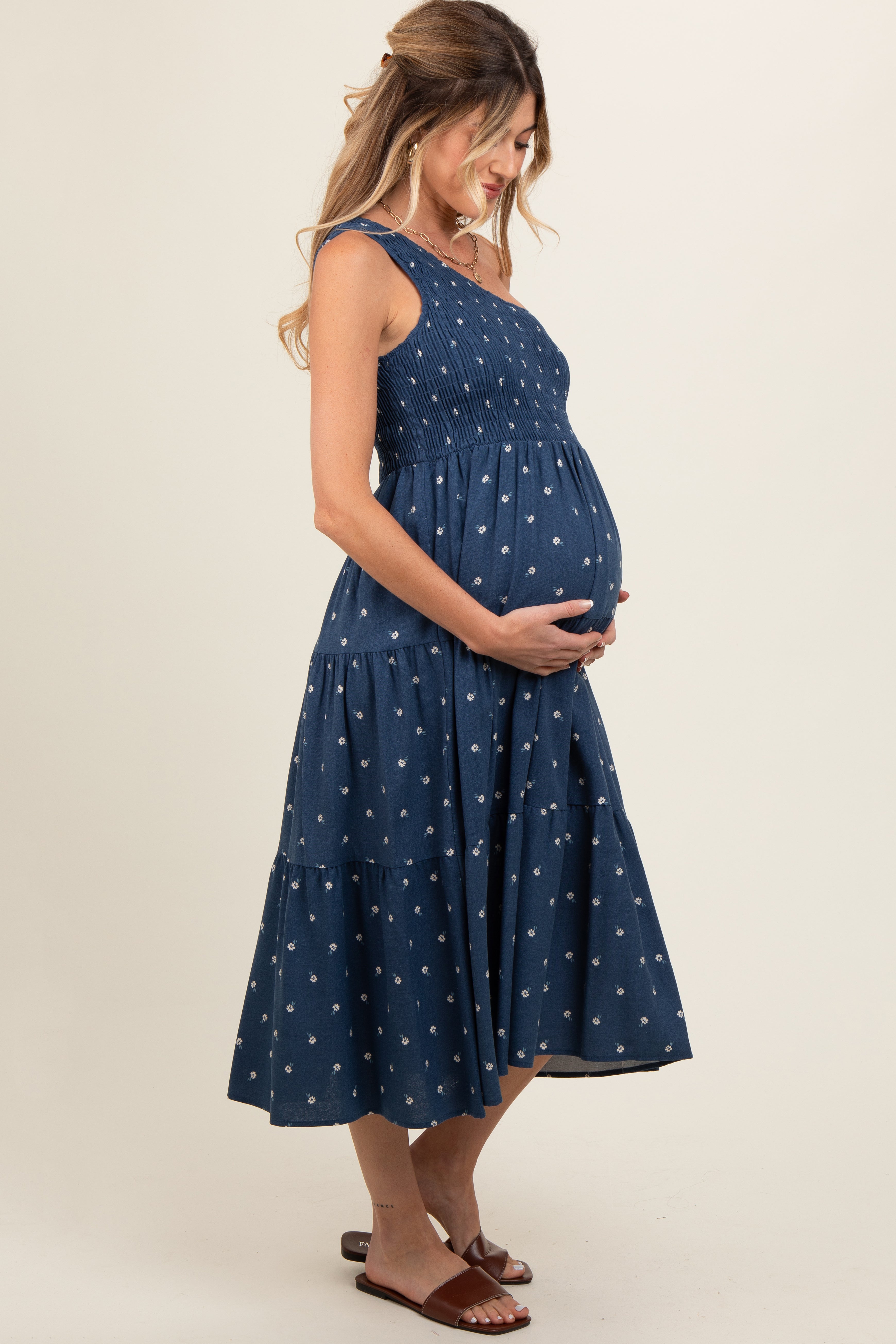 Navy Blue Floral Linen Smocked One Shoulder Tiered Maternity Midi Dress PinkBlush
