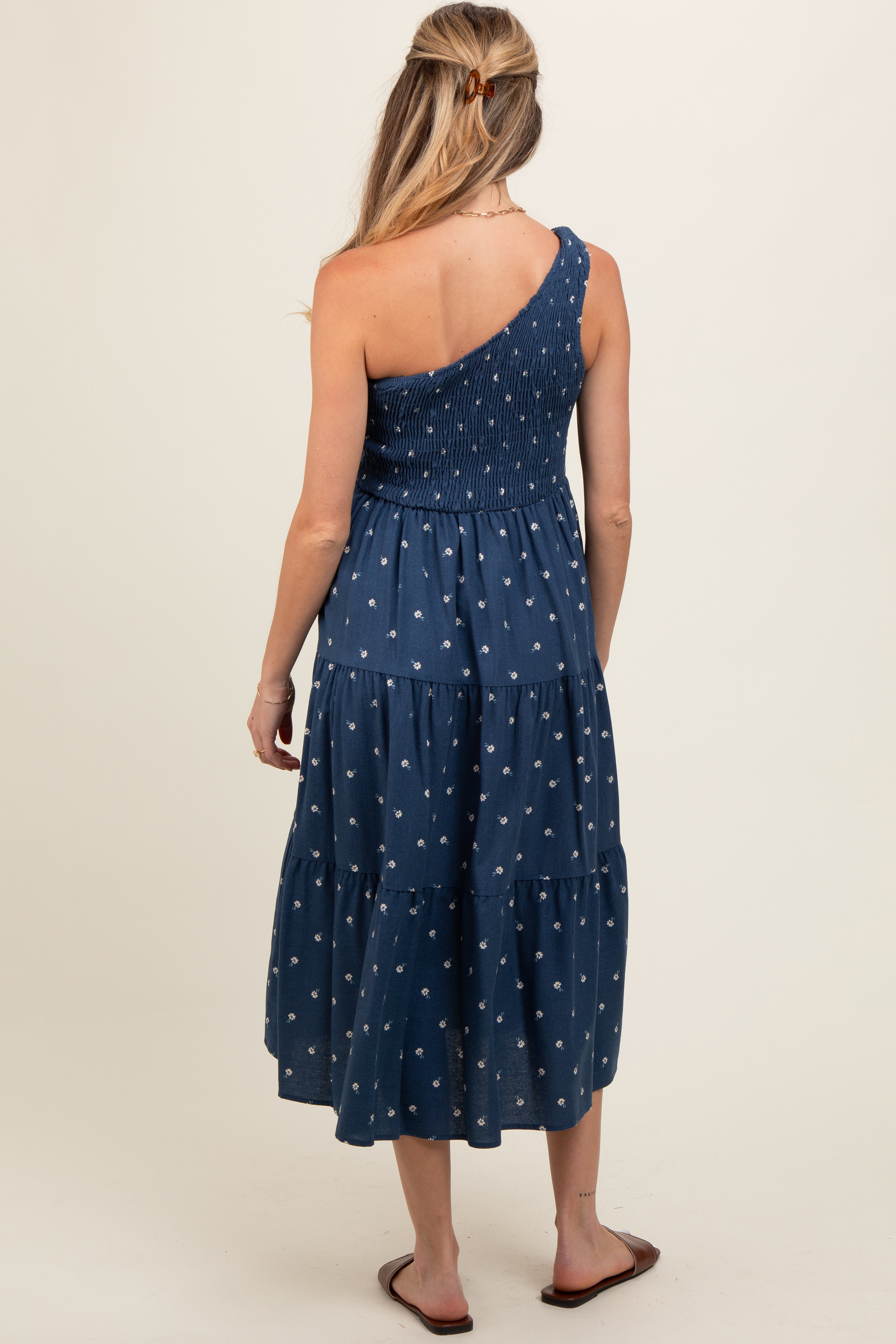 Navy Blue Floral Linen Smocked One Shoulder Tiered Maternity Midi Dress PinkBlush