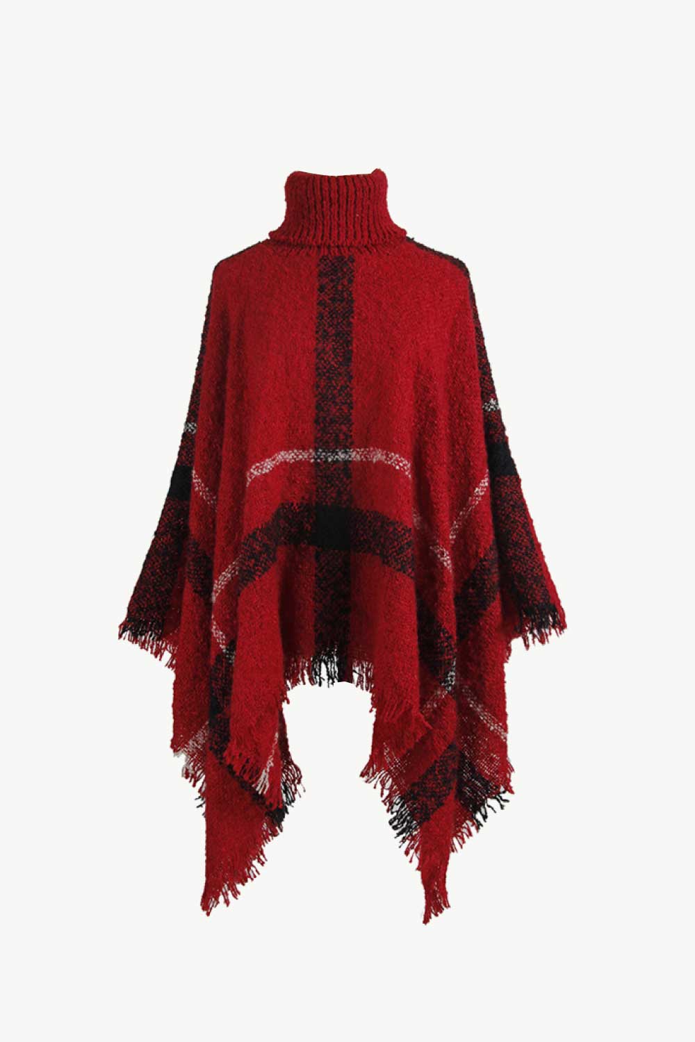 Plaid Turtleneck Raw Hem Poncho.