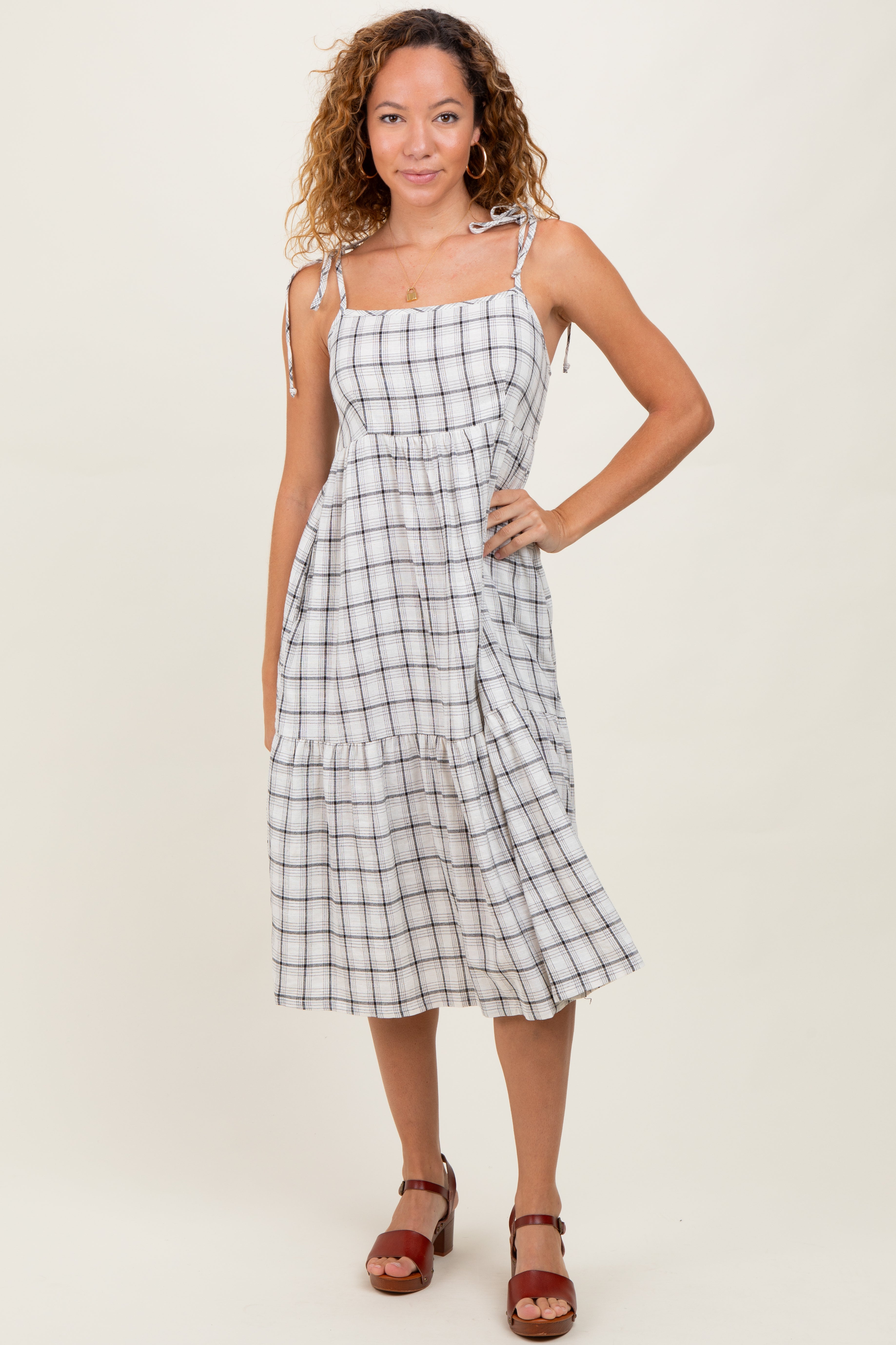 Ivory Plaid Shoulder Tie Maternity Midi Dress PinkBlush