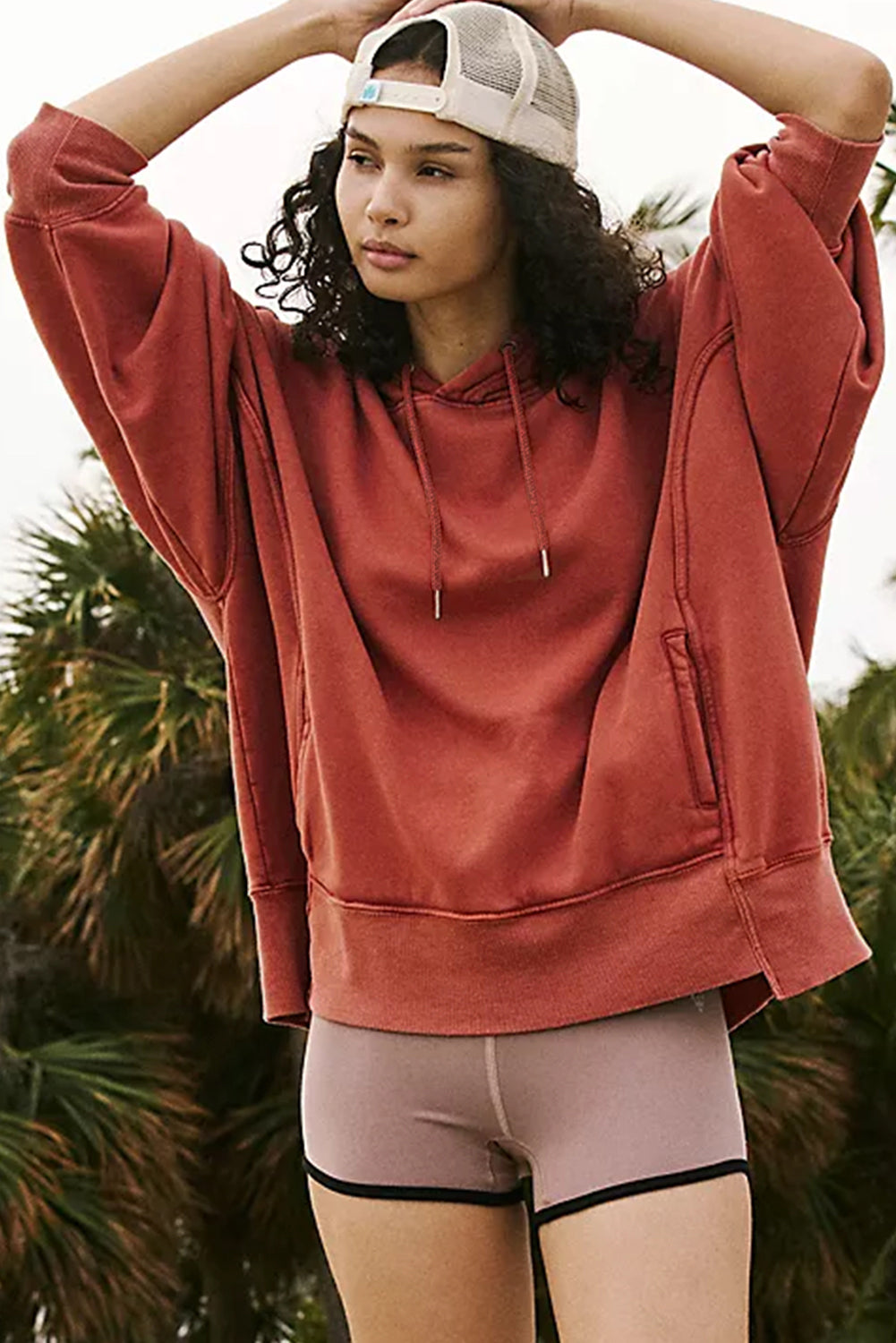 Cozy red clay oversized drawstring hoodie with pockets