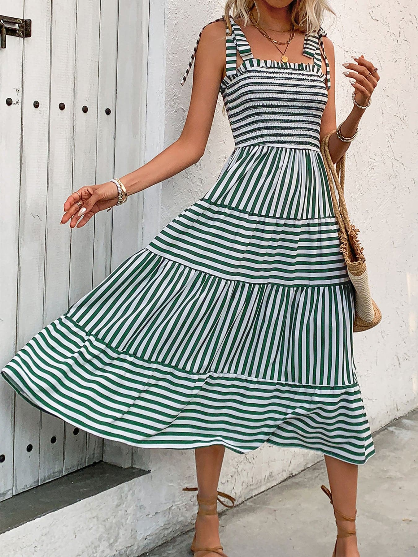 Smocked Striped Square Neck Midi Dress.