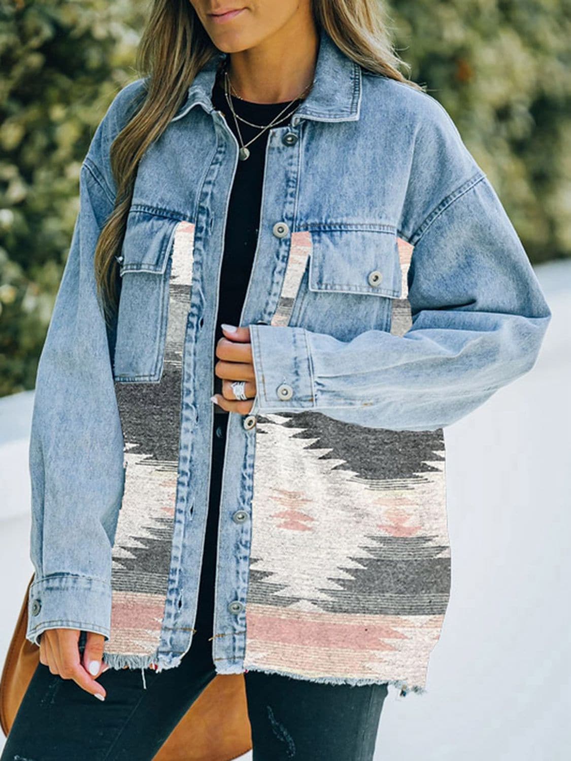 Collared Neck Dropped Shoulder Denim Jacket.