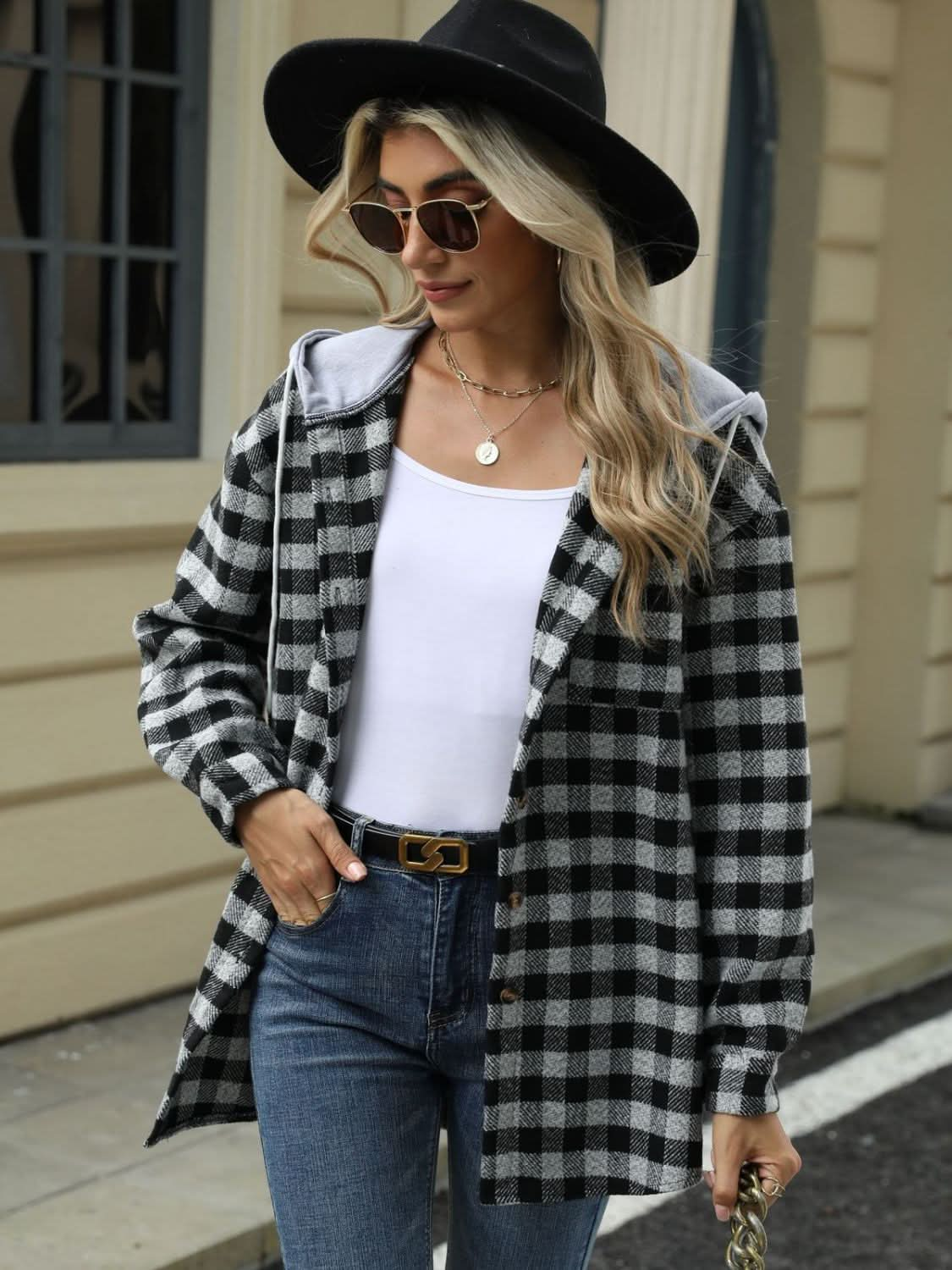 Plaid hooded jacket with pockets