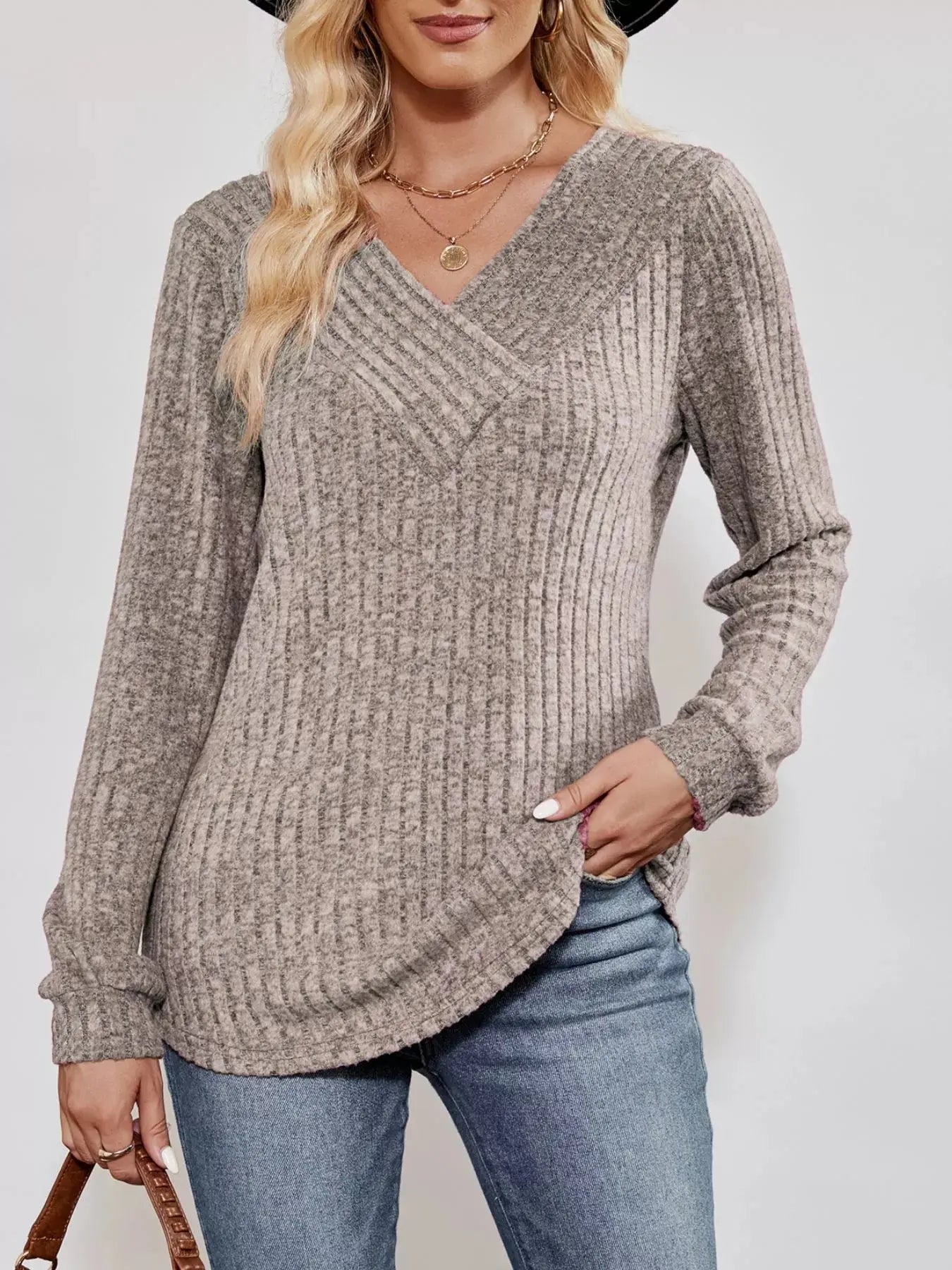 Ribbed Knit V-Neck Long Sleeve T-Shirt Simply Love