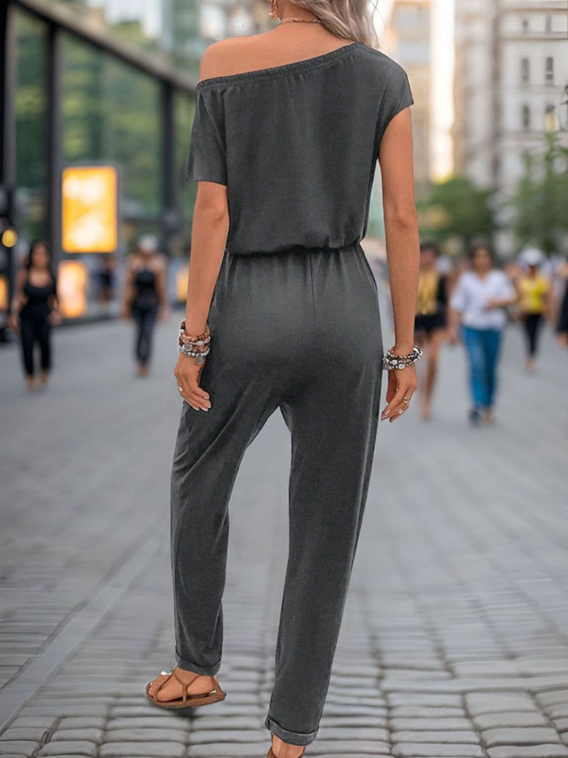 Single Shoulder Short Sleeve Jumpsuit.