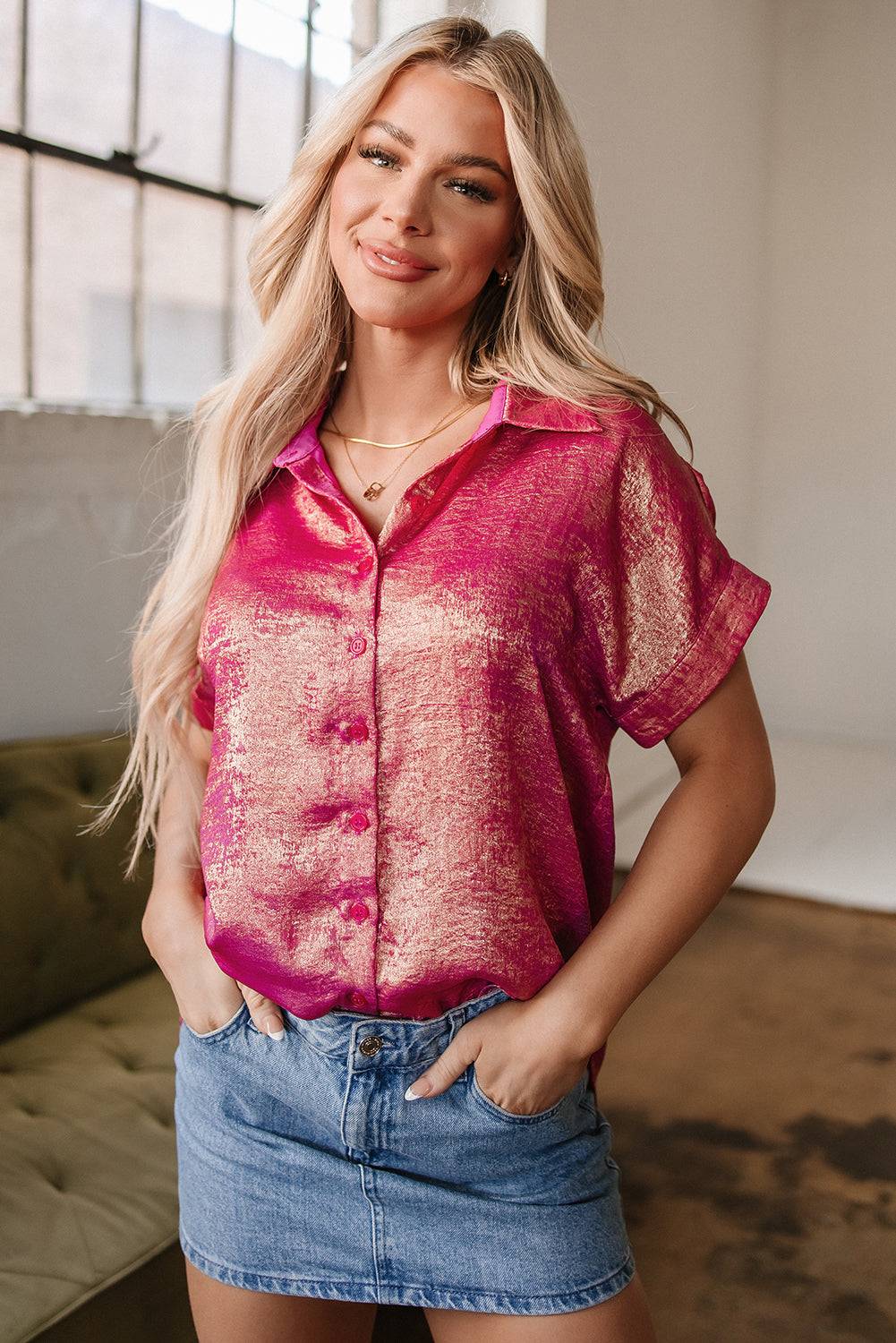 Rose Red Metallic Sheen Short Sleeve Buttoned Front Shirt