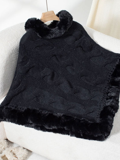 Cozy Cable-Knit Fuzzy Hem Poncho