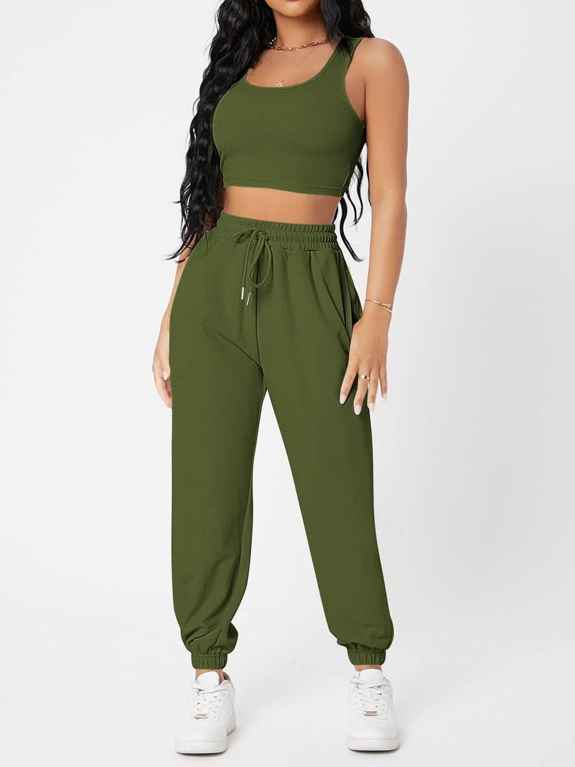 Wide Strap Top and Drawstring Joggers Set.