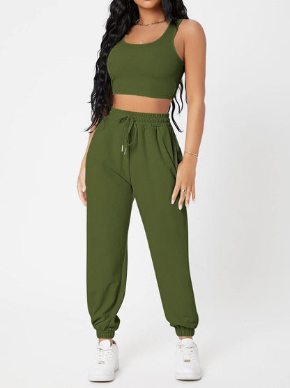 Wide Strap Top and Drawstring Joggers Set.