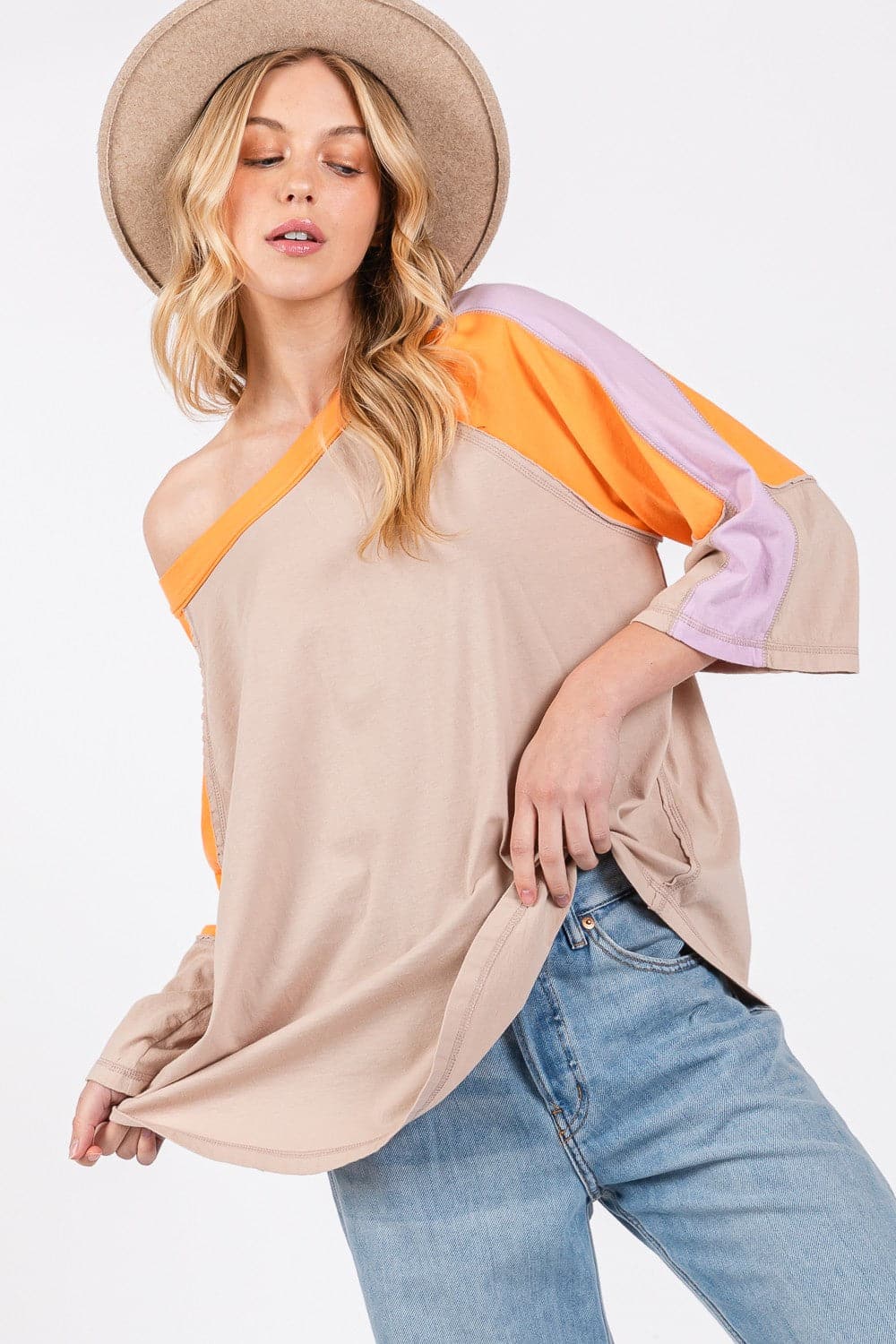 SAGE + FIG Color Block Curved Hem T-Shirt.