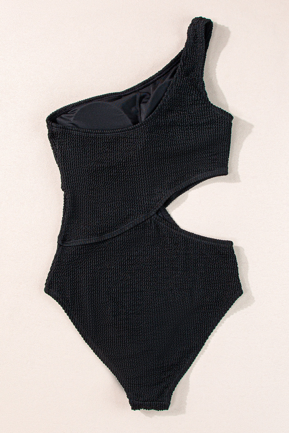 Asymmetric black cut-out ribbed monokini swimsuit