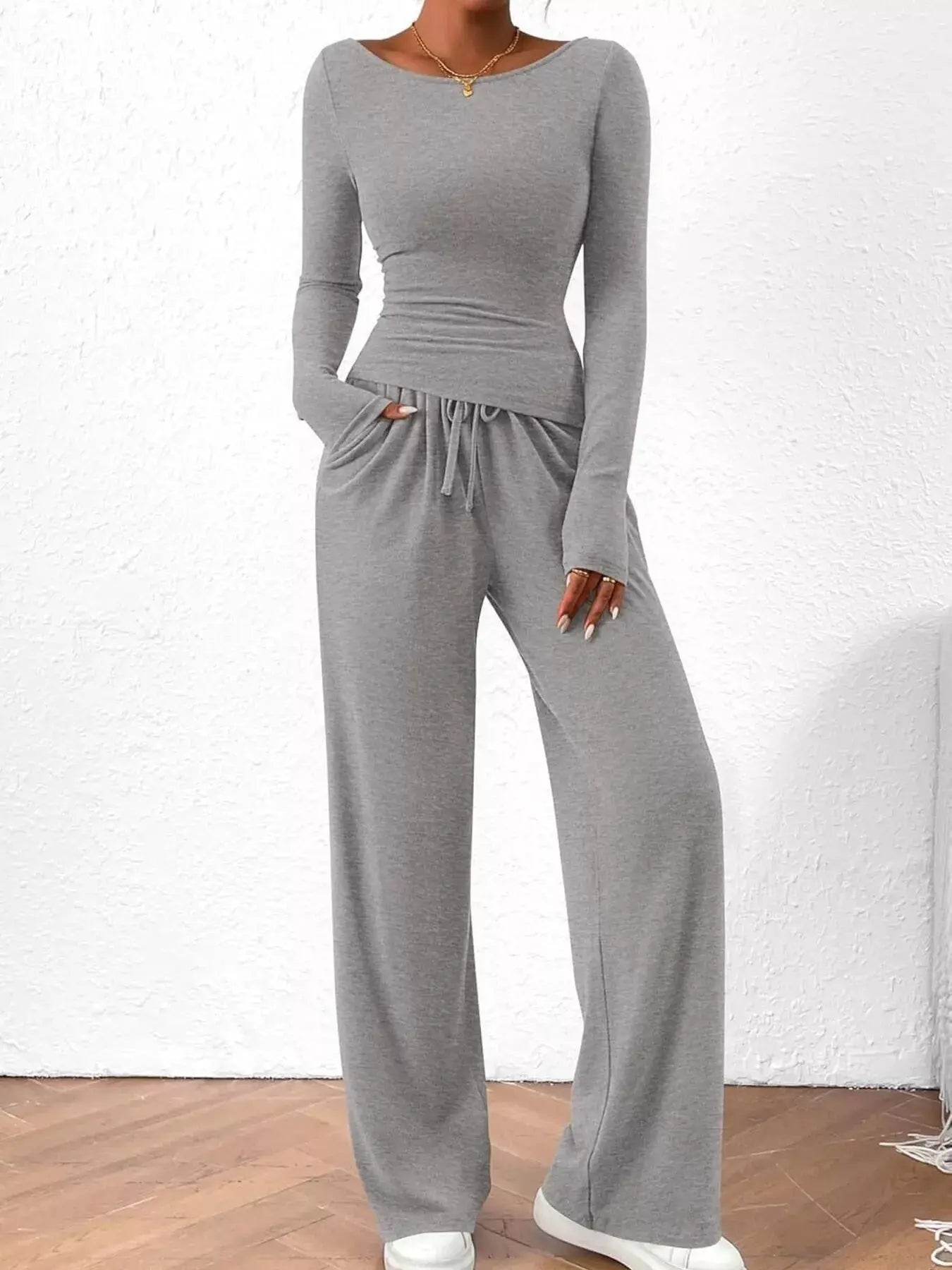 Long Sleeve Top and Wide Leg Pants Set Simply Love