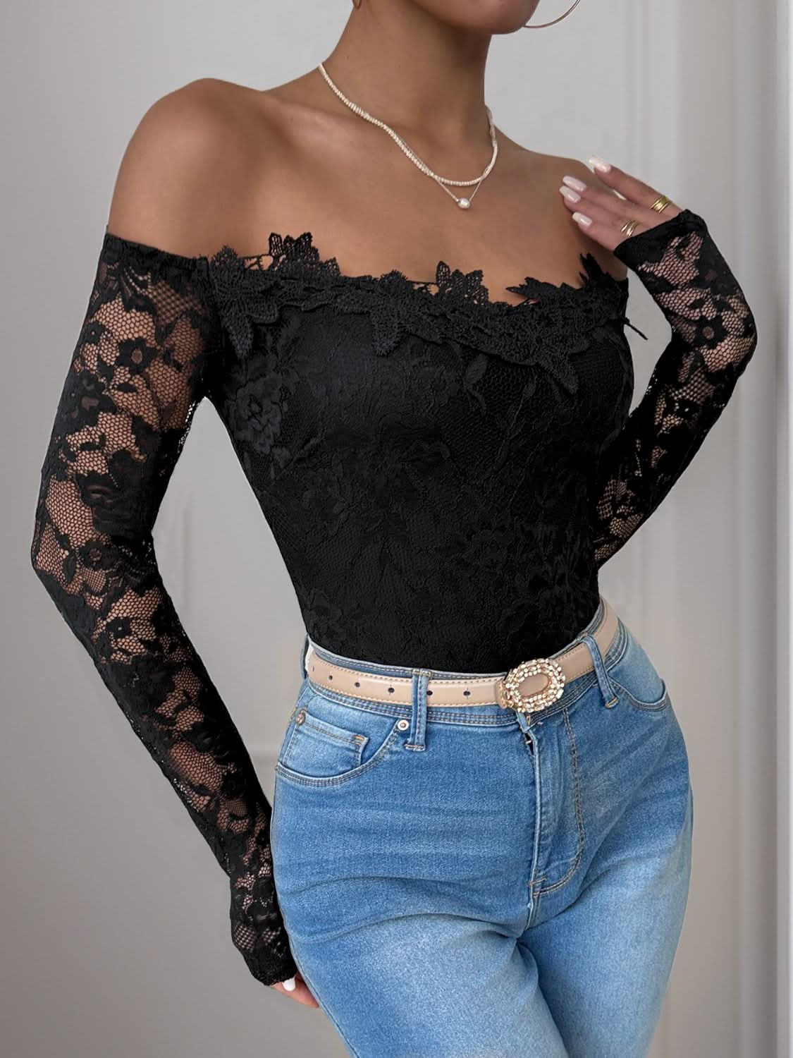 Lace allure off-shoulder bodysuit with long sleeves