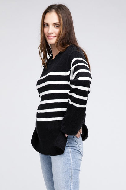 Ribbed hem striped sweater - cozy chic