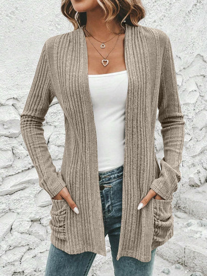 Ribbed Open Front Cardigan with Pockets.