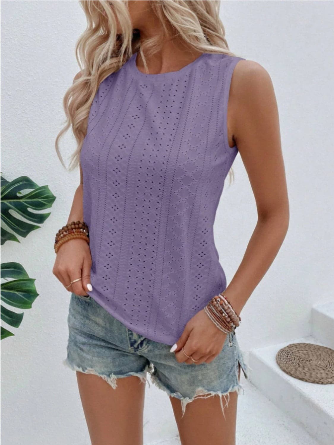 Eyelet Round Neck Tank.