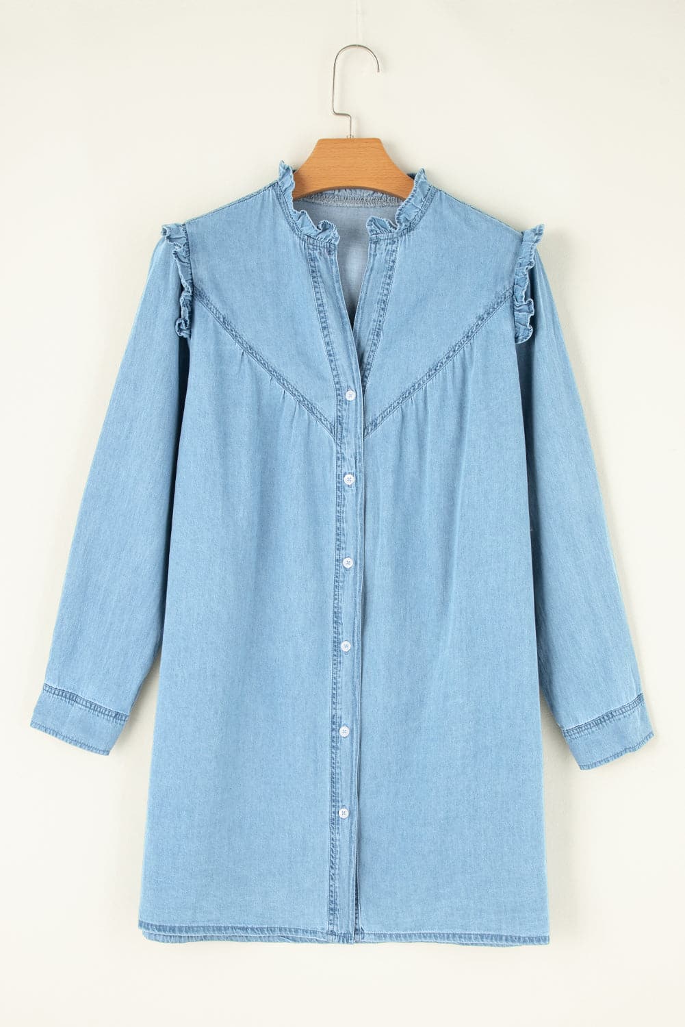 Button Up Notched Long Sleeve Denim Dress.